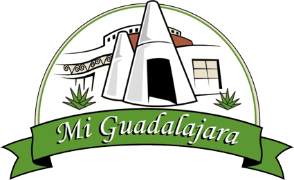 Logo for Mi Guadalajara Restaurant, Escondido, with agave plants and a white pueblo-style building.