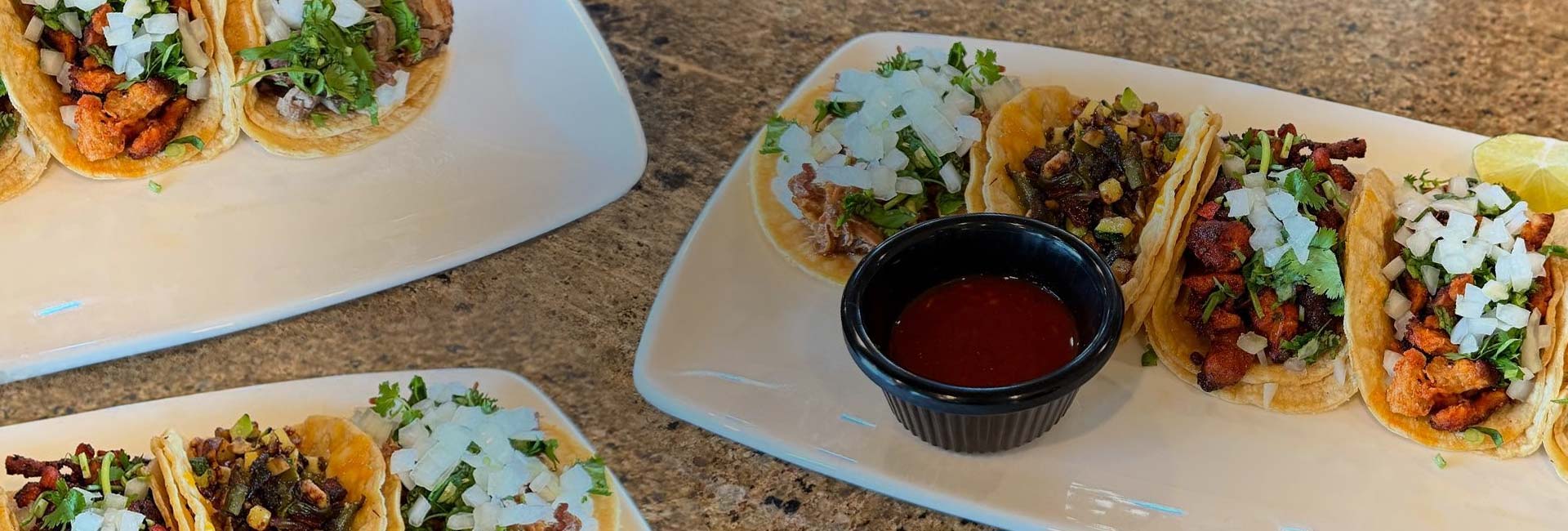 Plates of Authentic Street-Style Tacos served at Mi Guadalajara Restaurant in Escondido.