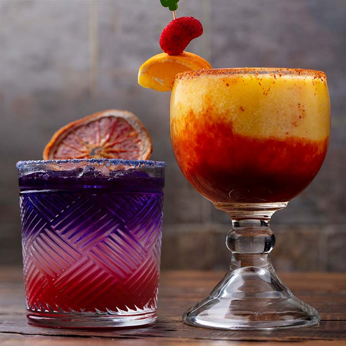 Two colorful cocktails at Mi Guadalajara Restaurant, perfect with Mexican food in Escondido.